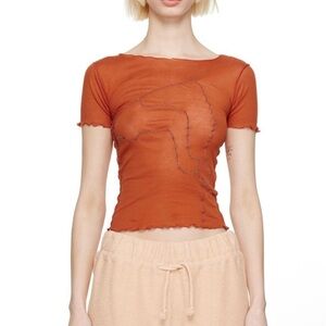 Baserange  Orange Short Sleeve Vein Fitted Crewneck Cropped Cotton T-shirt